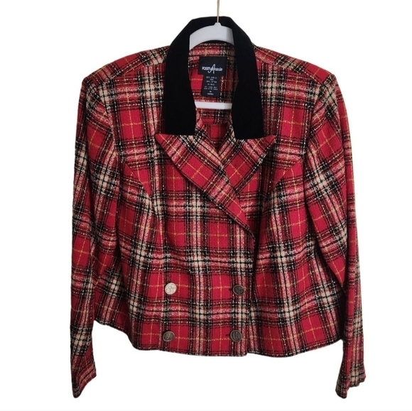Vintage 90s Red Tan Plaid Double Breasted Blazer Academia Preppy Size 14 - Picture 1 of 5